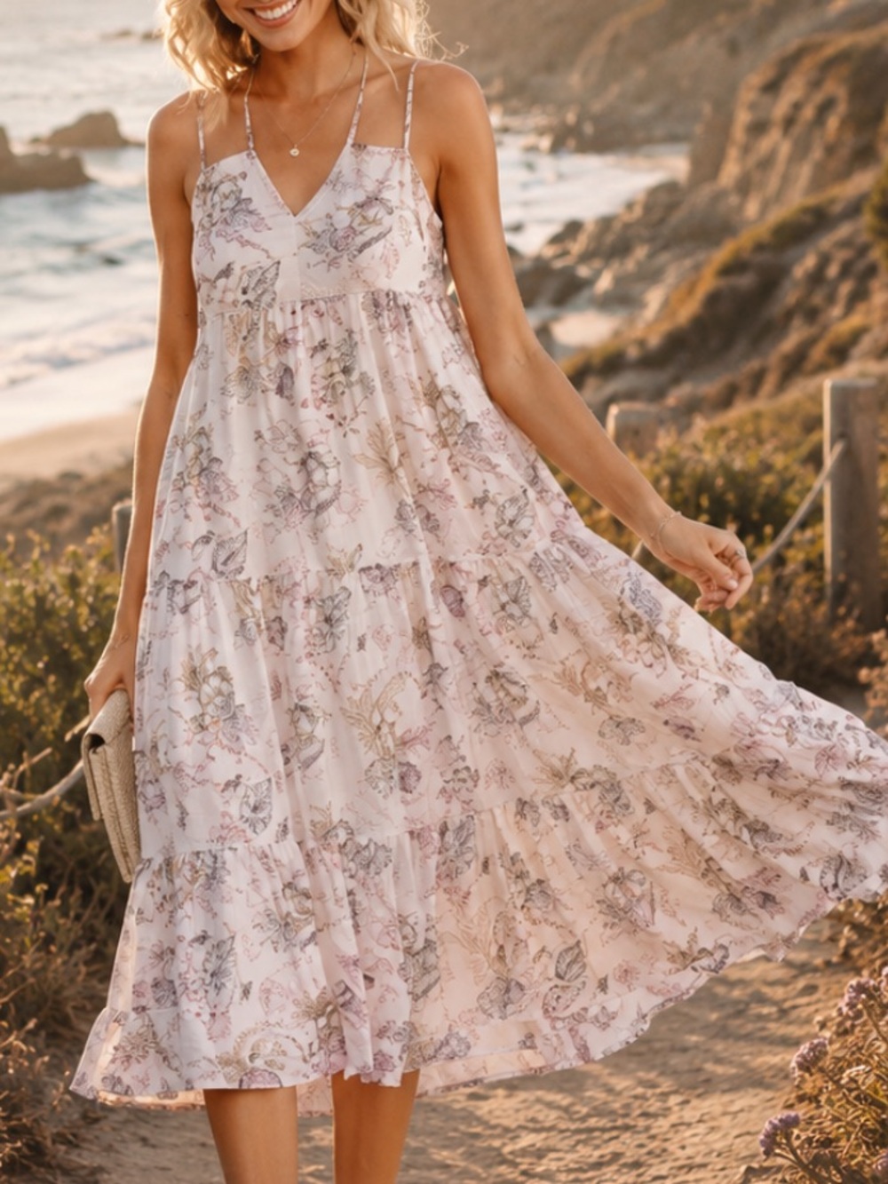 Boho Floral Sea shell Costal Tiered Spaghetti Strap Maxi Dress size S-M-L